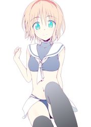 Rule 34 | 1girl, alice margatroid, ascot, bare arms, bikini, black thighhighs, blonde hair, blue bikini, blue eyes, closed mouth, hair between eyes, hairband, looking at viewer, navel, nirap, red hairband, sailor collar, simple background, sitting, smile, solo, stomach, swimsuit, thighhighs, touhou, white background