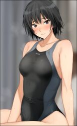 Rule 34 | 1girl, amagami, bare arms, bare shoulders, black border, black eyes, black hair, black one-piece swimsuit, blue one-piece swimsuit, blush, bob cut, border, breasts, brown eyes, closed mouth, collarbone, competition swimsuit, indoors, looking at viewer, medium breasts, mobu, nanasaki ai, one-piece swimsuit, short hair, sitting, solo, swimsuit, two-tone swimsuit