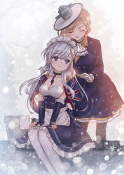 Rule 34 | 2girls, :d, azur lane, bad id, bad pixiv id, belfast (azur lane), between breasts, black dress, black gloves, black legwear, blonde hair, blue coat, breasts, bucket, capelet, chain, cleavage, closed eyes, closed mouth, coat, collarbone, commentary request, dress, earrings, elbow gloves, fingernails, flag print, frilled dress, frilled gloves, frills, fur-trimmed capelet, fur trim, gloves, hat, hood (azur lane), jewelry, maid, maid headdress, medium breasts, multiple girls, off-shoulder dress, off shoulder, open mouth, pantyhose, print capelet, purple eyes, silver hair, smile, snowflakes, snowing, standing, tsukigami runa, union jack, white gloves, white hat, white legwear, winter clothes, winter coat