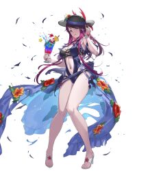 Rule 34 | 1girl, bare shoulders, black hat, bracelet, breasts, cleavage, cuboon, cup, drinking glass, drinking straw, feet, female focus, fire emblem, fire emblem engage, fire emblem heroes, flower, full body, hat, hibiscus, high heel sandals, high heels, highres, holding, holding clothes, holding cup, holding hat, ivy (fire emblem), jewelry, legs, lips, long hair, matching hair/eyes, medium breasts, mole, mole on cheek, mole under mouth, nail polish, navel, nintendo, non-web source, official art, one-piece swimsuit, open shoes, parted lips, purple eyes, purple hair, sandals, see-through, solo, stomach, swimsuit, thighs, toeless footwear, toenails, toes, torn clothes, transparent background, tropical drink, white footwear