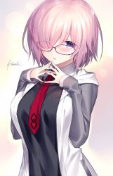 Rule 34 | 1girl, arms at sides, artist name, between breasts, black dress, blush, breasts, dress, fate/grand order, fate (series), fingers together, glasses, hair over one eye, hood, hooded jacket, hoodie, jacket, kousaki rui, large breasts, looking at viewer, mash kyrielight, necktie, necktie between breasts, open clothes, open hoodie, open jacket, open mouth, own hands together, purple-framed eyewear, purple eyes, purple hair, red necktie, short hair, signature, solo, sweatdrop, upper body, wavy mouth, white jacket