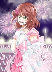 Rule 34 | 1girl, artist name, artist request, awakening promise (love live!), belt, blue sky, blush, bow, braid, braided bun, breasts, cleavage, cloud, collarbone, dress, dress bow, earrings, female focus, firework background, fireworks, flower, frilled dress, frilled skirt, frills, gloves, glowstick, green eyes, hair bun, hair flower, hair ornament, hand on own chest, jewelry, looking at viewer, love live!, love live! nijigasaki high school idol club, love live! school idol festival, microphone, miniskirt, necklace, night, night sky, on stage, orange hair, outdoors, parted lips, pearl earrings, pearl necklace, pink belt, pink bow, pink dress, pink flower, pink skirt, pink wrist cuffs, plaid, plaid dress, plaid skirt, pleated, pleated dress, pleated skirt, puffy short sleeves, puffy sleeves, reaching, reaching towards viewer, red hair, short hair, short sleeves, side bun, single side bun, skirt, skirt under dress, sky, smile, solo, stage, stage lights, star (sky), two-tone dress, uehara ayumu, white dress, white gloves, wrist cuffs, yellow eyes