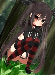 Rule 34 | 1girl, absurdres, black dress, black footwear, black hair, black neckwear, black thighhighs, blush, bow, bowtie, breasts, collar, date a live, dress, forest, grass, hair ribbon, heterochromia, highres, long hair, looking at viewer, medium breasts, nature, no panties, peeing, pussy, red eyes, red thighhighs, ribbon, shoes, short sleeves, squatting, striped clothes, striped thighhighs, sweatdrop, thighhighs, tokisaki kurumi, tree, twintails, uncensored, yellow eyes