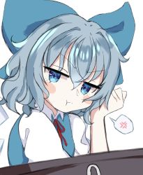 Rule 34 | 1girl, anger vein, angry, blue bow, blue dress, blue eyes, blue hair, blush, bow, cirno, collared shirt, dress, fairy wings, flat chest, hair bow, hand on own face, highres, hoshizora gabugabu, ice, ice wings, neck ribbon, pinafore dress, pout, pouty lips, puffy short sleeves, puffy sleeves, red ribbon, ribbon, shirt, short hair, short sleeves, sleeveless dress, solo, touhou, white background, white shirt, wings