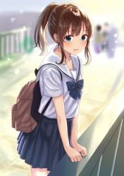 Rule 34 | 1girl, backpack, bag, blue eyes, blurry, brown hair, burenbo, collarbone, day, depth of field, from side, highres, looking at viewer, md5 mismatch, open mouth, original, outdoors, pleated skirt, ponytail, railing, resolution mismatch, school uniform, serafuku, short sleeves, sidelocks, skirt, solo, source smaller, summer