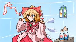 Rule 34 | 2girls, blonde hair, bow, cirno, cosplay, daiyousei, green hair, hair bow, hair dye, hair ornament, highres, ice, ice wings, igloo, multiple girls, red ribbon, ribbon, satsuki rin, satsuki rin (cosplay), segen (segen311), snow shelter, touhou, wings, yellow eyes