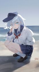 Rule 34 | 1girl, aqua eyes, blue hat, blue sailor collar, blue skirt, day, flat cap, hair between eyes, hat, hibiki (kancolle), highres, kantai collection, loafers, long hair, long sleeves, looking at viewer, mei namene, neckerchief, outdoors, parted lips, pleated skirt, red neckerchief, sailor collar, school uniform, serafuku, shoes, skirt, sky, socks, solo, squatting, starfish, white hair, white socks
