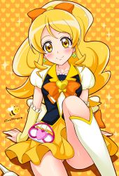 Rule 34 | 10s, 1girl, bee, blonde hair, blush, boots, bow, bowtie, brooch, bug, character name, cure honey, earrings, hair bow, happinesscharge precure!, heart, heart background, heart brooch, insect, jewel (the black canvas), jewelry, knee boots, long hair, magical girl, oomori yuuko, orange background, orange skirt, precure, sitting, skirt, smile, solo, wide ponytail, wrist cuffs, yellow eyes