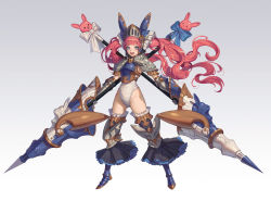 Rule 34 | 1girl, animal ears, armor, blue bow, blue eyes, blunt bangs, blush, bow, breastplate, dual wielding, fake animal ears, frills, gauntlets, gradient background, greaves, grey background, helmet, highres, holding, holding lance, holding polearm, holding weapon, lance, leotard, long hair, open mouth, original, pauldrons, pink hair, polearm, shoulder armor, smile, solo, standing, teeth, tongue, twintails, vambraces, weapon, white bow, white leotard, zero q 0q