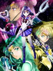 Rule 34 | 4girls, bishoujo senshi sailor moon, black hair, blonde hair, blue eyes, blue sailor collar, boots, bow, brooch, choker, cross-laced footwear, deep aqua mirror, earrings, elbow gloves, expressionless, full body, garnet rod, gloves, green eyes, green hair, highres, holding, holding polearm, holding spear, holding weapon, jewelry, kaiou michiru, kansetuitai, knee boots, lace-up boots, long hair, magical girl, meiou setsuna, multiple girls, neptune symbol, outer senshi, pink eyes, pleated skirt, polearm, purple eyes, purple footwear, purple skirt, red bow, sailor collar, sailor neptune, sailor pluto, sailor saturn, sailor senshi, sailor uranus, short hair, silence glaive, skirt, space sword, spear, standing, star brooch, sword, ten&#039;ou haruka, tomoe hotaru, weapon, white gloves, yellow bow