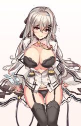 Rule 34 | 1girl, black panties, blush, bow, breasts, cenangam, cleavage, flying sweatdrops, garter belt, garter straps, girls&#039; frontline, hair between eyes, hair ornament, hair ribbon, hairclip, iws 2000 (girls&#039; frontline), jacket, large breasts, long hair, looking at viewer, military, military uniform, open clothes, open jacket, panties, pleated skirt, red eyes, ribbon, shirt, sidelocks, silver hair, sitting, skirt, smile, solo, thighs, underwear, unfinished, uniform