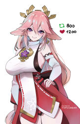 Rule 34 | 1girl, alternate breast size, animal ears, bare shoulders, breasts, earrings, english text, fox ears, genshin impact, hair between eyes, hair ornament, highres, japanese clothes, jewelry, large breasts, like and retweet, long hair, looking at viewer, meme, pink hair, purple eyes, smile, solo, thick thighs, thighs, tofuubear, twitter strip game (meme), very long hair, yae miko