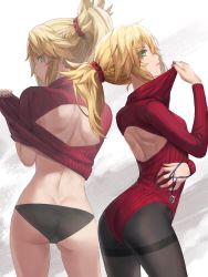Rule 34 | 2girls, ass, back cutout, black panties, blonde hair, butt crack, clothing cutout, dimples of venus, duplicate, fate (series), gluteal fold, green eyes, highres, jewelry, long hair, mordred (fate), multiple girls, nail polish, necklace, panties, pantyhose, ponytail, sweater, tagme, tonee, underwear, unworn jewelry, unworn necklace