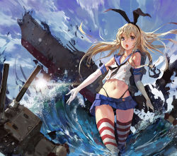 Rule 34 | 10s, 1girl, :&lt;, :o, anchor, belly, black panties, blonde hair, blue eyes, breasts, cancer (zjcconan), crop top, crop top overhang, elbow gloves, gloves, hair ornament, hairband, kantai collection, long hair, looking at viewer, midriff, navel, open mouth, panties, pantyshot, personification, purple eyes, rensouhou-chan, sailor collar, shimakaze (kancolle), ship, skirt, small breasts, striped clothes, striped thighhighs, thighhighs, underwear, upskirt, water drop, watercraft, white gloves