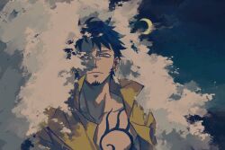 Rule 34 | 1boy, bags under eyes, blue hair, chest tattoo, closed mouth, crescent moon, demorzel, earrings, facial hair, highres, jewelry, male focus, moon, ocean, one piece, open clothes, open shirt, outdoors, shade, shirt, short hair, solo, tattoo, trafalgar law, water, waves, yellow eyes, yellow shirt