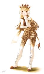 Rule 34 | 10s, 1girl, absurdres, animal ears, animal print, artist name, belt, blonde hair, blush, boots, breasts, brown eyes, closed mouth, contrapposto, cross-laced footwear, full body, giraffe ears, giraffe horns, giraffe print, giraffe tail, high-waist skirt, highres, horns, kemono friends, knee boots, long hair, looking away, medium breasts, multicolored hair, pantyhose, pleated skirt, reticulated giraffe (kemono friends), scarf, shirt, short sleeves, signature, simple background, skirt, sleeves past wrists, solo, standing, stylecase, tail, two-tone hair, white background, white footwear, white hair, white shirt