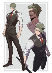 Rule 34 | 1boy, absurdres, achilles (fate), arms at sides, bags under eyes, black footwear, black pants, black vest, border, brown eyes, clenched hands, closed mouth, collared shirt, fate/apocrypha, fate (series), frown, full body, green hair, grey background, haruakira, highres, holding, holding polearm, holding weapon, male focus, mature male, multiple views, necktie, pants, parted lips, polearm, red necktie, shirt, short hair, undercut, vest, weapon, white border, white shirt