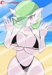 Rule 34 | 1girl, absurdres, against glass, bare shoulders, beach, bikini, black bikini, blue sky, breast press, breasts, closed mouth, collarbone, cowboy shot, creatures (company), day, game freak, gardevoir, gen 3 pokemon, gluteal fold, green hair, hair over one eye, highres, large breasts, looking at viewer, nintendo, ocean, outdoors, pink eyes, pokemon, pokemon (creature), raydonxd, short hair, sky, smile, solo, standing, swimsuit, thigh gap