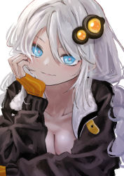 Rule 34 | 1girl, blue eyes, blush, braid, breasts, cleavage, closed mouth, collarbone, fur-trimmed jacket, fur trim, hair between eyes, hair ornament, hand on own cheek, hand on own face, jacket, kizuna akari, long hair, long sleeves, looking at viewer, lying, medium breasts, on stomach, open clothes, open jacket, silver hair, simple background, smile, solo, twin braids, vocaloid, voiceroid, white background