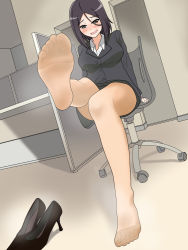 Rule 34 | 1girl, blush, brown eyes, chair, dumbbell nan kilo moteru?, feet, foot focus, high heels, long hair, looking at viewer, nush advance, office, office chair, office lady, pantyhose, parted lips, pov, shoes, unworn shoes, sitting, soles, steam, swivel chair, tachibana satomi, toes