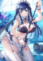 Rule 34 | 1girl, arm up, bare shoulders, between breasts, bikini, bikini skirt, black bikini, blue eyes, blue hair, blue theme, breasts, bucket, choker, cleavage, colored inner hair, commentary request, frilled bikini, frilled choker, frilled skirt, frills, fujimori shiki, garter straps, highres, holding, holding mop, kneeling, large breasts, long hair, looking at viewer, maid, maid bikini, maid headdress, miniskirt, mop, multicolored hair, navel, open mouth, original, shoes, skindentation, skirt, solo, stomach, sweatdrop, swimsuit, thighhighs, thighs, two-tone hair, unconventional maid, water, white skirt, white thighhighs, wrist cuffs