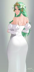 Rule 34 | 1girl, 2021, artist name, ass, back, bare shoulders, blush, breasts, circlet, dated, detached sleeves, dress, feet out of frame, female focus, fire emblem, fire emblem: three houses, flower, green eyes, green hair, hair flower, hair ornament, highres, large breasts, long hair, long sleeves, looking at viewer, looking back, matching hair/eyes, nintendo, pantylines, parted bangs, rhea (fire emblem), sendo (sendrawz), sidelocks, solo, standing, white dress