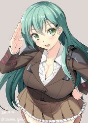 Rule 34 | 1girl, :d, breasts, brown jacket, brown skirt, buttons, collarbone, gin&#039;ichi (akacia), green eyes, green hair, grey background, hair between eyes, hair ornament, hairclip, jacket, kantai collection, large breasts, long hair, long sleeves, open mouth, pleated skirt, simple background, skirt, smile, solo, suzuya (kancolle)