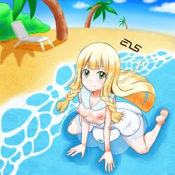Rule 34 | 1girl, absurdres, artist name, barefoot, beach, blonde hair, blue sky, blunt bangs, blush, braid, breasts, breasts out, bush, chair, closed mouth, clothes pull, cloud, collarbone, creatures (company), day, dress, dress pull, female focus, full body, game freak, green eyes, happy, highres, kneeling, leaning forward, lillie (pokemon), long hair, looking at viewer, medium breasts, nintendo, nipples, ocean, outdoors, palm tree, pokemon, pokemon sm, sand, see-through, shougun (chuckni1), signature, sky, sleeveless, sleeveless dress, smile, solo, spread legs, tree, twin braids, water, white dress