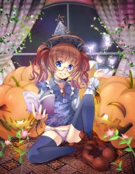Rule 34 | 1girl, amayofuu, bad id, bad pixiv id, black thighhighs, blue eyes, blush, book, boots, brown hair, bug, butterfly, choker, earrings, flower, glasses, grin, halloween, hat, holding, holding book, insect, jack-o&#039;-lantern, jewelry, long hair, looking at viewer, no pants, open book, original, pumpkin, ribbon choker, short hair, sitting, smile, solo, star (symbol), star earrings, striped clothes, striped thighhighs, thighhighs, twintails, vertical-striped clothes, vertical-striped thighhighs, window, witch hat
