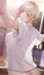 Rule 34 | 1girl, absurdres, ass, blonde hair, blue eyes, blush, breasts, commentary request, from behind, gentsuki, hair intakes, highres, large breasts, looking at viewer, mia-chan (gentsuki), original, parted lips, see-through silhouette, shirt, short hair, short sleeves, smile, solo, white shirt