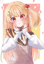 Rule 34 | 1girl, absurdres, ahoge, bare shoulders, blonde hair, blush, brown dress, brown sailor collar, closed mouth, commentary, double-parted bangs, dress, fortissimo, gradient background, hair between eyes, hair ornament, hair ribbon, hands on own cheeks, hands on own face, highres, hololive, hololive dev is, long hair, long sleeves, musical note, musical note hair ornament, neck ribbon, one side up, otonose kanade, outside border, pink background, plaid, plaid dress, puffy long sleeves, puffy sleeves, red eyes, red ribbon, ribbon, sailor collar, shirt, solo, sparkling aura, turtleneck, upper body, uzuraa, virtual youtuber, white background, white shirt, yellow background