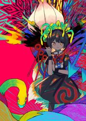 Rule 34 | 1girl, abstract, abstract background, absurdres, asymmetrical wings, black dress, black hair, blue eyes, blue wings, bow, colorful, dress, feet out of frame, flower, highres, houjuu nue, looking at viewer, multicolored eyes, multiple tails, neruzou, red bow, red eyes, red neckwear, red wings, short hair, short sleeves, snake, solo, tail, touhou, wings