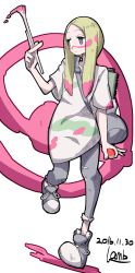 Rule 34 | 1girl, 2016, :/, artist name, bad id, bad twitter id, bag, between fingers, blonde hair, bright pupils, closed mouth, collarbone, creatures (company), dated, facepaint, full body, game freak, grey eyes, half-closed eyes, holding, lamb-oic029, leg up, long hair, mina (pokemon), nintendo, notebook, oversized clothes, oversized shirt, paint, paintbrush, pokemon, pokemon sm, ripped jeans, shirt, shoes, short sleeves, simple background, sneakers, solo, swept bangs, torn clothes, trial captain, white background, white shirt