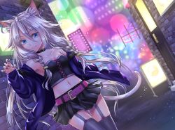Rule 34 | 1girl, absurdres, animal ears, belt, black skirt, blue cardigan, blue eyes, breasts, cardigan, cat ears, cat tail, cleavage, collar, collarbone, cowboy shot, crop top, dutch angle, floating hair, garter straps, grey thighhighs, hair between eyes, heart, highres, ia (vocaloid), lens flare, long hair, looking at viewer, medium breasts, midriff, miniskirt, nail polish, navel, night, open cardigan, open clothes, outdoors, pleated skirt, purple nails, road, routo (rot 0), silver hair, skirt, smile, solo, stomach, strapless, street, tail, thighhighs, very long hair, vocaloid