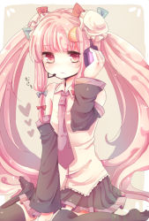 Rule 34 | 1girl, alternate hairstyle, black thighhighs, blush, bun cover, cosplay, crescent, crescent hair ornament, detached sleeves, female focus, hair bun, hair ornament, hair ribbon, hand on own ear, hand on own ear, hatsune miku, hatsune miku (cosplay), headphones, karunabaru, patchouli knowledge, pink hair, ribbon, sitting, solo, thighhighs, touhou, twintails, vocaloid, zettai ryouiki