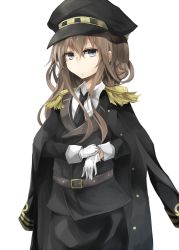 10s 1girl alternate_costume bad_id bad_pixiv_id blue_eyes brown_hair double_bun epaulettes female_focus gloves hair_between_eyes hair_bun hat highres jacket kantai_collection kongou_(kancolle) long_hair military military_uniform miyabino_(miyabi1616) naval_uniform peaked_cap sack skirt solo white_gloves