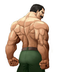 Rule 34 | 1boy, ass, back, belt, black eyes, black hair, capcom, clenched hand, cowboy shot, facial hair, final fight, green pants, highres, looking back, male focus, mike haggar, muscular, mustache, old, old man, pants, simple background, solo, taka (takahirokun), topless male, white background
