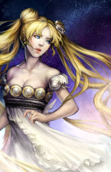 Rule 34 | 1990s (style), 1girl, bare shoulders, bishoujo senshi sailor moon, blonde hair, blue eyes, breasts, cleavage, double bun, dress, earrings, facial mark, flower, forehead mark, hair flower, hair ornament, highres, jewelry, lips, long hair, night, night sky, noa ikeda, realistic, ring, sky, solo, star (sky), starry sky, tsukino usagi, twintails, very long hair, white dress