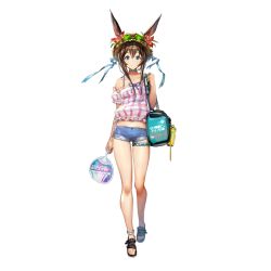 Rule 34 | 1girl, amiya (arknights), animal ears, anklet, arknights, bag, bare shoulders, blue eyes, blue ribbon, blue shorts, brown hair, choker, collarbone, crop top, duffel bag, ears through headwear, flower, frills, full body, hand fan, hat, hat flower, holding, holding fan, jewelry, long hair, looking at viewer, midriff, multiple rings, official art, pink shirt, plaid, rabbit ears, ribbon, ring, sandals, shirt, short shorts, short sleeves, shorts, smile, solo, standing, straw hat, thighs, transparent background, yui (niikyouzou)