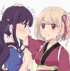 Rule 34 | 2girls, black hair, blonde hair, blue kimono, blush, breasts, closed mouth, commentary request, hair ribbon, headpat, highres, inoue takina, japanese clothes, kimono, long hair, looking at another, lycoris recoil, medium breasts, multiple girls, nape, nishikigi chisato, obi, official alternate costume, one side up, petting, profile, purple eyes, red eyes, red kimono, red ribbon, ribbon, sango (sango3 3), sash, short hair, sidelocks, simple background, smile, translation request, twintails, white background, wide sleeves, yuri