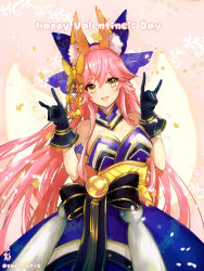 Rule 34 | 1girl, :d, alternate costume, animal ears, black gloves, blue ribbon, breasts, cleavage, commentary request, english text, fate/grand order, fate (series), fox ears, fox shadow puppet, gloves, hair ornament, hair ribbon, hands up, happy valentine, large breasts, long hair, obi, open mouth, pink hair, ribbon, sash, shutsuri, smile, solo, tamamo (fate), tamamo no mae (fate/extra), twitter username, valentine, very long hair, yellow eyes