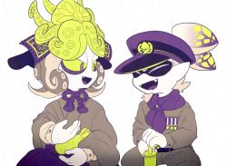 Rule 34 | 2boys, aged down, armor, bags under eyes, cap&#039;n cuttlefish, colored sclera, dj octavio, facial hair, fangs, goatee, green eyes, green sclera, hat, helmet, inkling, japanese armor, japanese clothes, kabuto (helmet), looking at another, medal, military, military hat, military uniform, monochrome, multiple boys, nintendo, peaked cap, ponytail, scarf, sea anemone, simple background, sizma, smile, splatoon (series), splatoon 1, spot color, tentacle hair, uniform, white background