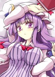 Rule 34 | 1girl, book, breasts, crescent, crescent hair ornament, dress, hair ornament, hat, highres, keyaki chimaki, large breasts, long hair, mob cap, patchouli knowledge, purple eyes, purple hair, red ribbon, ribbon, solo, striped clothes, striped dress, touhou, very long hair