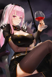 Rule 34 | 1girl, absurdres, black cape, black dress, black nails, black neckwear, black thighhighs, blunt bangs, breasts, cape, cleavage, crossed legs, cup, detached sleeves, dress, drinking glass, highres, holding, holding cup, hololive, hololive english, large breasts, long hair, looking at viewer, mori calliope, nail polish, nima (niru54), pink eyes, pink hair, see-through, see-through sleeves, shoulder spikes, sitting, smile, solo, spikes, thighhighs, tiara, veil, virtual youtuber, wine glass