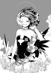 Rule 34 | 1girl, a:n (angrynum), alternate hair length, alternate hairstyle, bare shoulders, blush, breasts, clothing cutout, collarbone, detached sleeves, disembodied limb, field, flower, flower field, forehead, greyscale, grin, halo, highres, hololive, hololive english, looking at viewer, monochrome, ninomae ina&#039;nis, one eye closed, outdoors, single detached sleeve, small breasts, smile, solo, standing, tiara, twitter username, underboob cutout, virtual youtuber, wind, wind lift, wings
