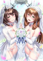 Rule 34 | 2girls, blush, bouquet, breasts, bridal veil, bride, brown hair, cleavage, collarbone, crossover, elbow gloves, flower, garter belt, garter straps, girls&#039; frontline, gloves, green eyes, grin, headgear, heart lock (kantai collection), interlocked fingers, jewelry, kantai collection, ken ill, large breasts, long hair, looking at viewer, multiple girls, mutsu (kancolle), navel, necklace, revealing clothes, second-party source, see-through, short hair, sidelocks, smile, springfield (girls&#039; frontline), thighhighs, veil, white garter, white garter belt, white garter straps, white thighhighs