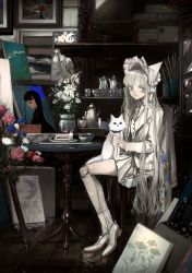 Rule 34 | 1girl, blazer, blue eyes, cake, cat, cup, doll joints, food, highres, indoors, jacket, joints, long hair, looking at viewer, narue, open clothes, open jacket, original, painting (object), pleated skirt, sitting, skirt, solo, teacup, teapot, white hair