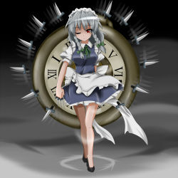 Rule 34 | 1girl, afterimage, apron, bad id, bad pixiv id, between fingers, bow, braid, breasts, dress shirt, female focus, frown, full body, gradient background, grey background, hair bow, high heels, holding, howaso, izayoi sakuya, knife, looking at viewer, maid headdress, medium breasts, motion blur, no socks, one eye closed, pocket watch, red eyes, ribbon, roman numeral, shirt, shoes, short hair, silver hair, simple background, skirt, solo, touhou, twin braids, vest, walking, watch, wink