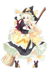 Rule 34 | 1girl, arm behind head, blonde hair, braid, broom, buckle, buttons, capelet, embellished costume, female focus, frills, grin, hat, highres, ichikawa ryuunosuke, kirisame marisa, long hair, looking at viewer, one eye closed, simple background, smile, solo, touhou, undefined fantastic object, wink, witch, witch hat, yellow eyes