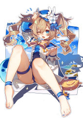 Rule 34 | 1girl, absurdres, ai xiao meng, arm up, barbara (genshin impact), barbara (summertime sparkle) (genshin impact), bare legs, barefoot, blonde hair, blue eyes, blue hat, blue nails, blue one-piece swimsuit, blush, bow, bowtie, detached sleeves, flower, full body, genshin impact, hair between eyes, hat, hat flower, highres, long hair, long sleeves, nail polish, official alternate costume, one-piece swimsuit, one eye closed, open mouth, sitting, solo, swimsuit, thigh strap, thighs, toenail polish, toenails, twintails, white flower, yellow bow, yellow bowtie